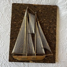 Handmade Folk Art String Art Sailing Ship Model with Wooden Masts