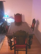 Antique Jacobean Revival Oak Dining Table with Carved Chairs — listing 4