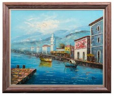 Framed Mediterranean Coastal Village Print (Portofino/Amalfi Style), Cherry Wood Frame with Teal Mat — listing 4