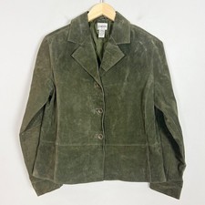 Vintage Green Suede Leather Button-Front Jacket with Rust/Terracotta Contrast Trim — listing 2