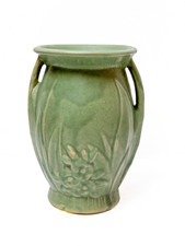 Vintage Art Deco Style Small Pottery Vase with Embossed Diamond Floral Pattern, Green Glaze — listing 4