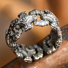 Vintage Figural Dragon/Foo Dog Ring with Small Red Stone, Gold-Tone Metal 10K/14K gold karat mark