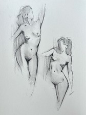 Framed Charcoal/Lithograph Figural Drawing of Reclining Nudes and Draped Figures, Signed Lower Left — listing 6