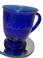 Starbucks Cobalt Blue Footed Glass Coffee Mug with Etched Script Logo — listing 5
