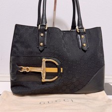 Canvas and Leather Tote Handbag with Horsebit / Bamboo Print, Maker Unmarked, listing 4