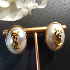YSL Vintage Gold-Tone Navy Enamel Logo Clip-On Earrings