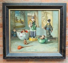 Vintage Original Still Life Oil Painting 'The Temple Bell' with Chinoiserie Objects, Signed — listing 5