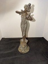 Art Nouveau Style Bronzed Figural Sculpture of a Maiden Arranging Her Hair, on Circular Base with Tree Trunk Support, approx 24" tall — listing 4