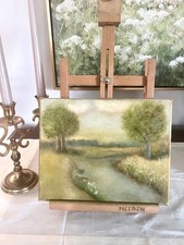 Vintage Original Oil Painting, Mountain Lake Landscape with Pine Trees, Ornate Gilt Frame — listing 3