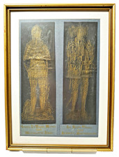 Framed Medieval Monumental Brass Rubbing of a Praying Noblewoman on Black Paper with Gold Wax — listing 3