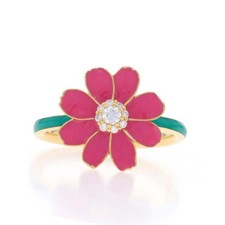 Vintage Enamel Flower Ring with Pavé Diamond Floral Motif in 18K Gold (750) — listing 2