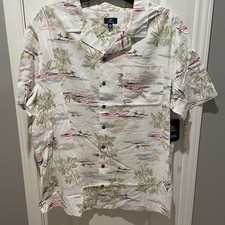 George Men's Hawaiian Aloha Shirt, Light Blue Tropical Palm Tree & Hibiscus Print, Size 2XL (50-52)