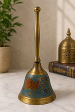 Vintage Brass Hand Bell with Enameled Floral Iris Design — listing 4