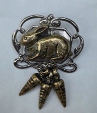 Pair of Figural Bunny Rabbit Brooch Pins with Faux Pearl Body and Rhinestone Accents