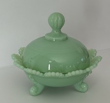 Vintage Green Optic Melon-Ribbed Glass Covered Jar with Silver-Tone Metal Base and Rim