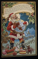 Antique 1909-1910 Embossed Christmas Postcard - Old World Santa Claus in Red Robe with Drum and Holly, Gold Background, Postally Used — listing 4