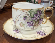 Antique Hand-Painted Green & Gilt Floral Porcelain Teacup and Saucer — listing 4