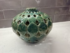 Vintage Chinese/Asian Green Glazed Pottery Fan-Shaped Reticulated Flower Vase / Wall Pocket