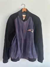 Vintage 1990s NFL New England Patriots Black and Blue Suede Leather Varsity Bomber Jacket — listing 3