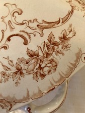 Antique Ironstone Serving Bowl with Fluted Rim and Purple Cyclamen Floral Transfer — listing 3