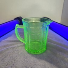 Vintage Green Uranium Glass Pressed Pitcher with Floral and Diamond Pattern, 8 inches