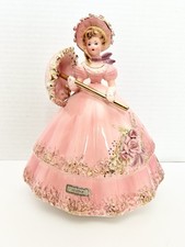 Josef Originals "Rosemary" Pink Bonnet Girl with Parasol Music Box Figurine, 7.25"