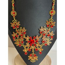 Vintage Antiqued Gold-Tone Red Rhinestone Bib Statement Necklace — listing 3