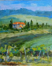 Framed Tuscan/Italian Countryside Vineyard Landscape Oil Painting