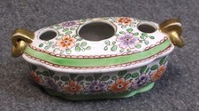 Antique French Faience Inkstand (Encrier) with Twin Inkwells - Yellow Mustard Ground with Hand-Painted Flowers, DE Mark Only the DE initials and wheel are prese — listing 6