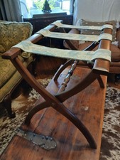Vintage Folding Wood Luggage Rack with Green & Pink Striped Webbing Straps — listing 5