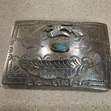 Vintage Southwestern Style Oval Belt Buckle with Turquoise Stones and Feather Motif — listing 3