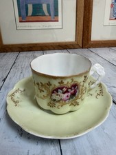 Antique Hand-Painted Green & Gilt Floral Porcelain Teacup and Saucer
