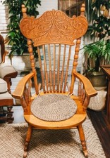 Antique Victorian Pressback Oak Rocking Chair with Spindle Back and Scroll Carving — listing 3