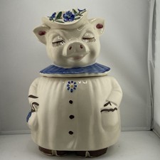 Shawnee Pottery "Winnie" Pig Cookie Jar with Blue Collar and Floral Hat — listing 6