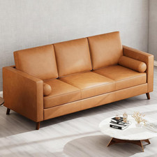Vintage Cognac Tan Leather Three-Seat Sofa with English Roll Arms and Bun Feet — listing 2