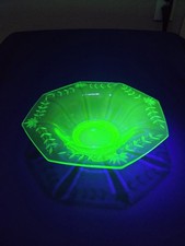 Art Deco Uranium Green Glass Octagonal Plate with Wheel-Cut Floral & Lattice Design, 10 inch — listing 3
