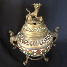 Antique Japanese Bronze & Champlevé Enamel Hexagonal Koro (Incense Burner) with Foo Dog Finial — listing 4