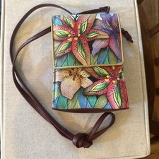 Anuschka Hand-Painted Leather Satchel Shoulder Bag with Tropical Lily Design — listing 5
