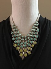 Vintage Gold-Tone Cascade Bib Pendant Necklace with Green Marbled Glass Cabochons and Matching Clip Earrings — listing 2
