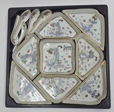 Chinese Famille Rose Porcelain Sweet Meat / Lazy Susan Serving Set in Lacquered Wood Box — listing 2