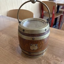 Pair of Antique English Oak Barrel-Form Biscuit Barrels with Silver-Plate Mounts — listing 5
