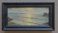 Vintage Framed Coastal Sunset Seascape Print, California-Style Beach and Cliffs, Early-to-Mid 20th Century