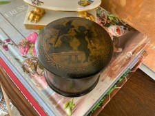 Antique Oval Black Lacquered Papier-Mâché Tray with Chromolithograph Farmhouse Landscape