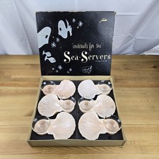 Vintage 1950s Cocktail Sea Servers Set — Pink Lustre Shell Dishes with Glass Cocktail Inserts, Original Boxes — listing 2