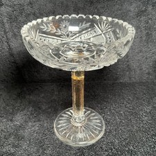 Cut Crystal Compote Bowl on Ornate Cast Metal Pedestal Base with Hanging Prisms — listing 2