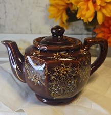 Vintage Japanese Redware Teapot Brown Glaze Gold Hand-Painted Floral — listing 6