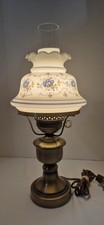 Vintage Hurricane Table Lamp with Ruffled Amber Glass Shade and Floral Milk Glass Font — listing 5