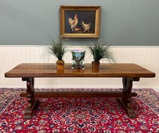 Antique Trestle-Base Extension Dining Table with Carved Scroll Feet and Turned Stretcher, circa 1920s-1930s — listing 4