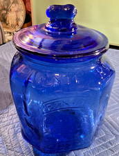 Vintage Cobalt Blue Glass Salted Peanuts Counter Display Jar with Lid — listing 3