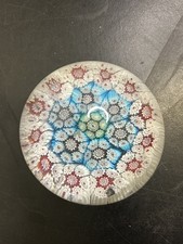 Hand-Blown Art Glass Paperweight with Green Flower, Blue Speckled Base, and Controlled Bubble — listing 4